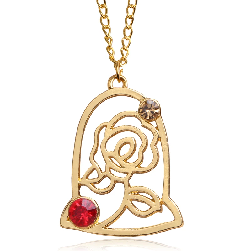 Beauty And The Beast Necklace Charm Golden Enchanted Rose Pendant