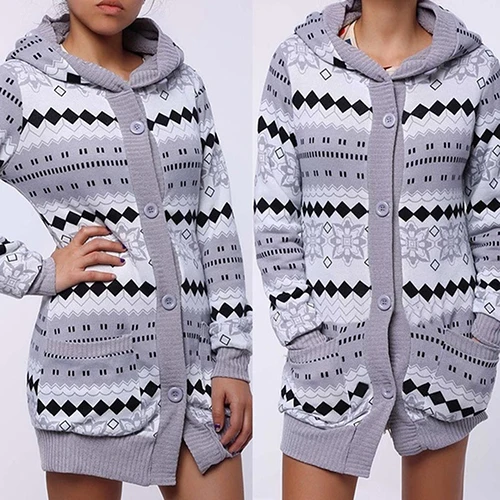 Woman Winter Geometric Print Thick Warm Hooded Long Coat font b Jacket b font Parkas Cardigan