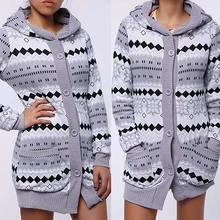 Woman Winter Geometric Print Thick Warm Hooded Long Coat Jacket Parkas Cardigan