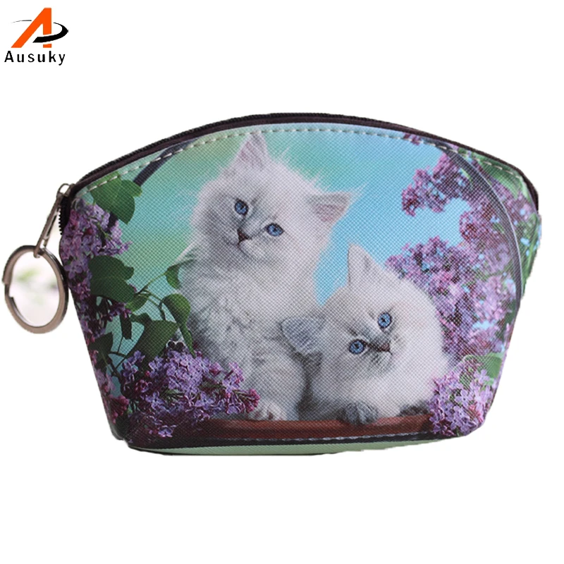 PU Leather Cat Coin Purse Printing Key Holder Mini Key Organizer