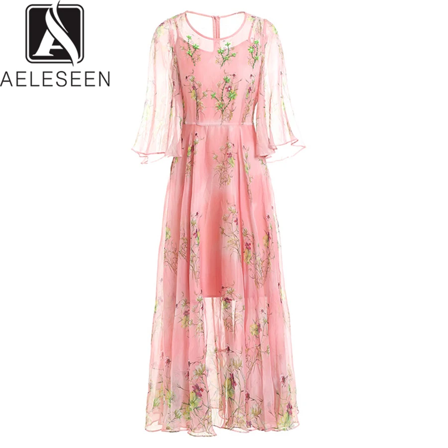 

AELESEEN Luxury Fairy Dresses 2019 Summer Pink / Grey XL Flare Sleeve Beading Floral Print Ankle-length Dress