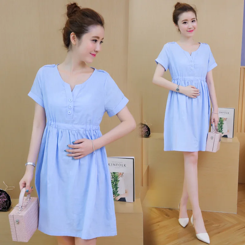 Одежда для беременных платье Новая летняя корейская мода сплошной цвет хлопка с коротким рукавом для беременных женщин платья Беременность