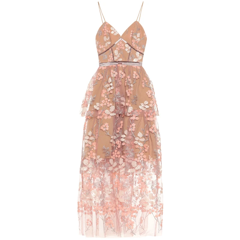 

Brand fashion women's high-end luxury summer elegant sequins flower embroidery cake strap Maxi Lace dress