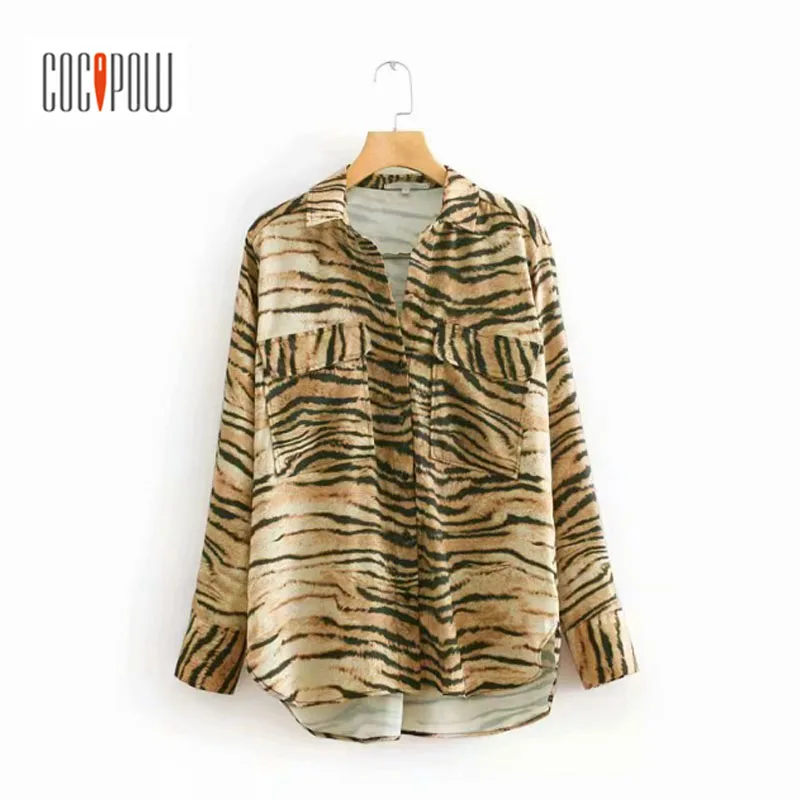 Women Tiger Skin Print Blouse Animal Pattern Pockets Long Sleeve Turn