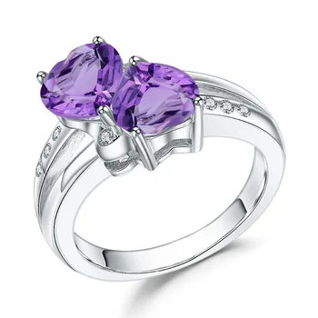 

GEM'S BALLET 925 Sterling Silver Double Hearts Of Love Promise Ring 2.39Ct Natural Amethyst Gemstone Rings For Women Jewelry