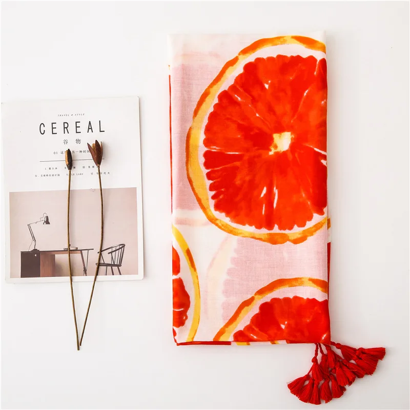 

KYQIAO women hijab scarf girls autumn summer South Korea fresh sweet kawaii long orange fruit print scarf travel shawl