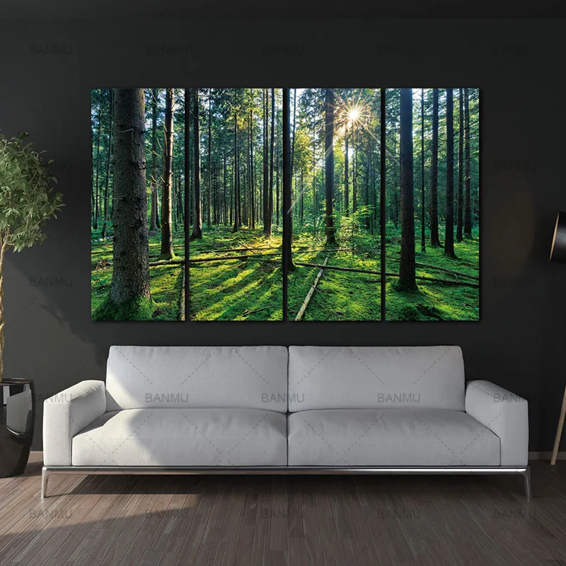 

4 Panel Forest and Sunrise SunliXWAt Oil Painting Green Tree Woods Canvas Print Modern Wall Art Home Decoration Home Decor