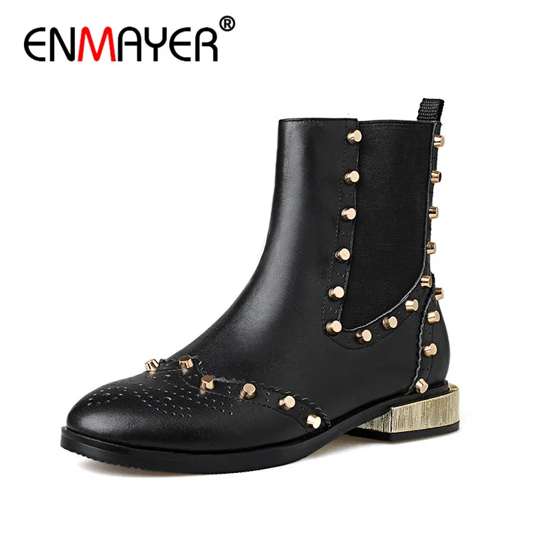 

ENMAYER Genuine Leather Shoes Women Spring/Autumn Women Ankle Boots Rivets Low Heels Round Toe Black Plus Size 34-43 Platform