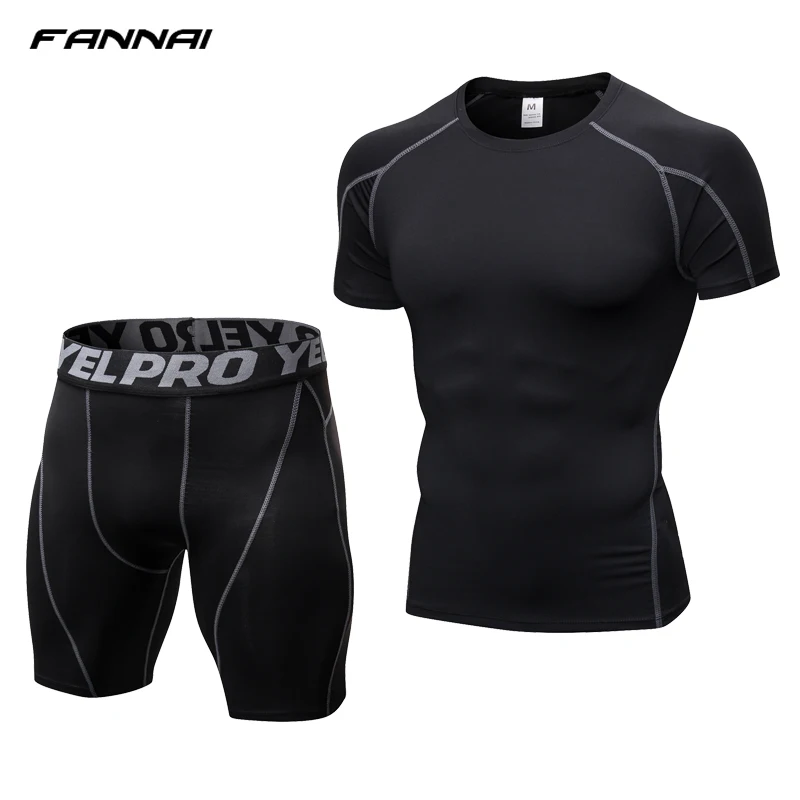 Beste Compressie Jogging Korte Mouwen Tops Shorts Trainingspak Fitness Strakke Running Set T shirt Leggings Heren Sportkleding Gym Sport Pak