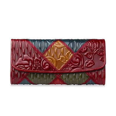Бренд YUBIRD, Женский кошелек с тремя сложениями, натуральная кожа, женский клатч, винтажный тисненый Длинный кошелек в стиле пэчворк, женский роскошный дизайнерский подарок - Цвет: Red