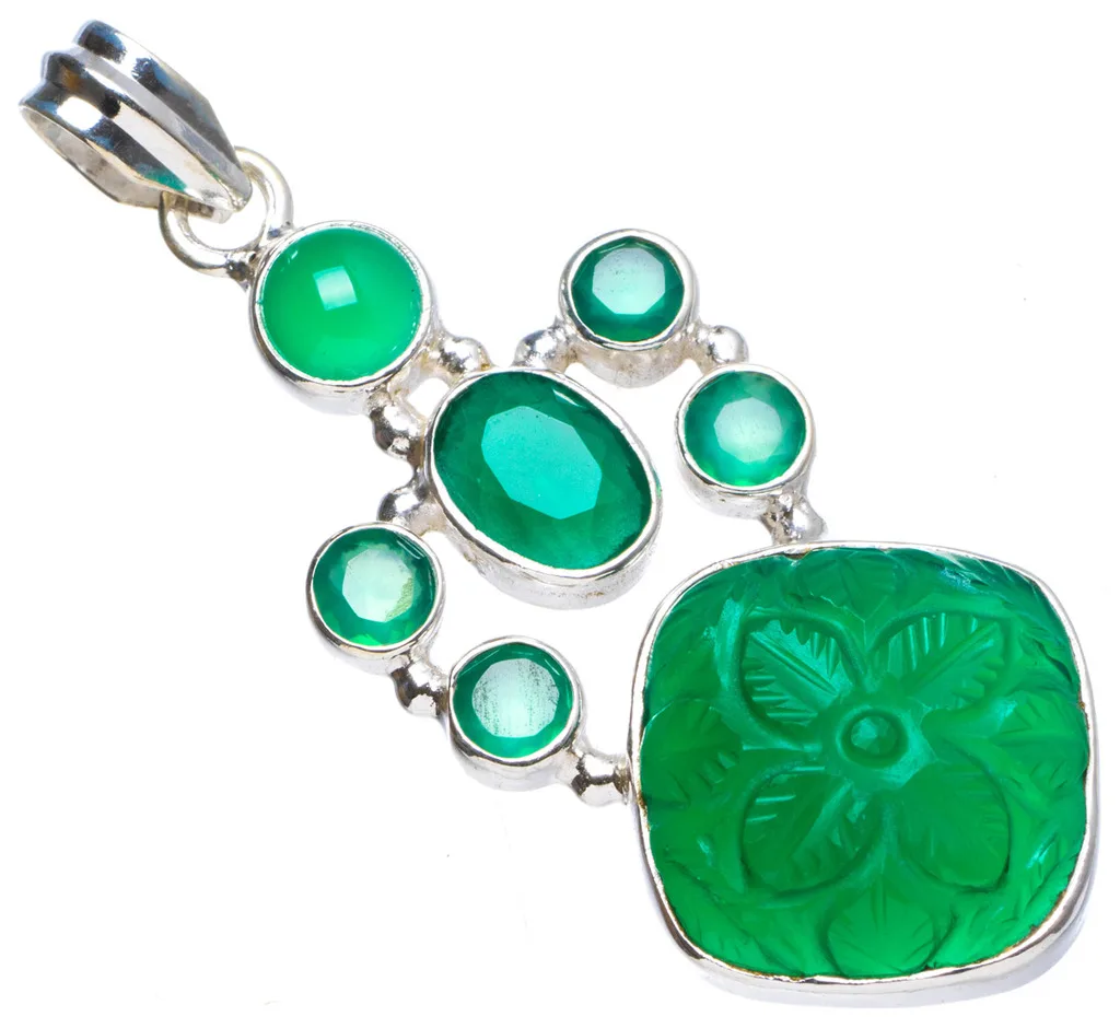 

Natural Carved Flower Chrysoprase and Chrysoprase Handmade Unique 925 Sterling Silver Pendant 2" X1063