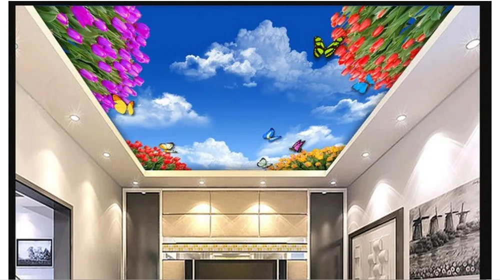 

Customized 3d wallpaper 3d ceiling wallpaper murals Spring tulip butterfly blue sky stereo ceiling frescoes beauty decoration