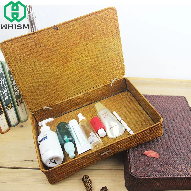 Billige WHISM Handarbeit Korb Kosmetik Make Up Organizer Schmuck Lagerung Box mit Abdeckung Reise Organisation Kinder Spielzeug Container