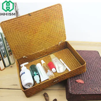 

WHISM Wicker Basket Vintage Jewelry Storage Box Seagrass Storage Bag Handmade Woven Sundries Container Rattan Makeup Organizer