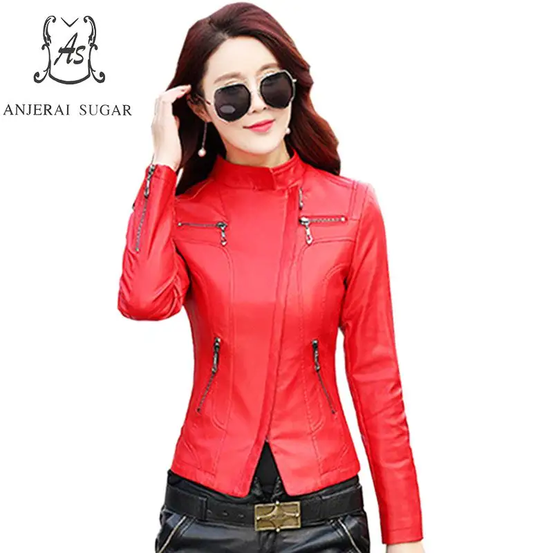 Autumn PU leather jacket women red & black motorcycle Faux