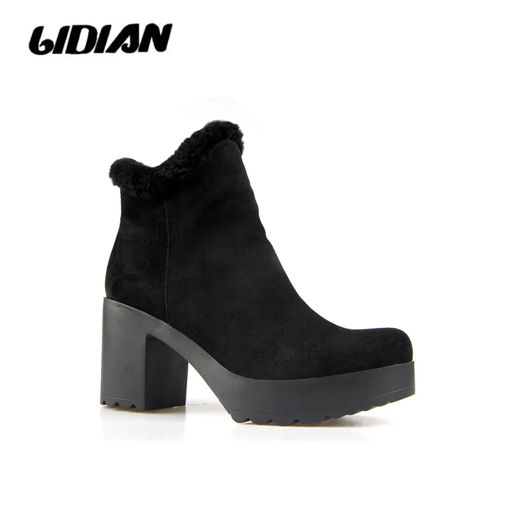 

LIDIAN Autumn High quality kid suede Women Bootie Black Brown 8cm heel Platform boots Fur collar short plush inside B35