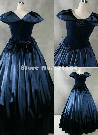 Fancy Navy Blue Gothic Victorian Civil War Period Dress