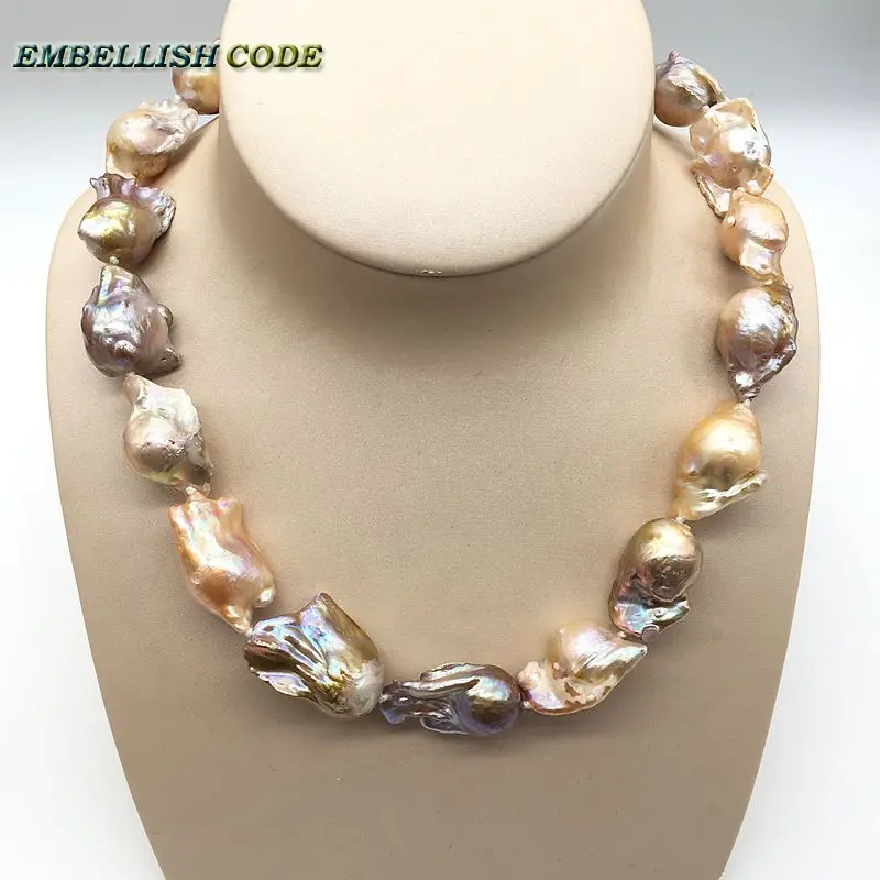 

Large baroque pearl Irregular statement necklace tissue nucleated flameball peach purple mixed natural pearls popular jewelry