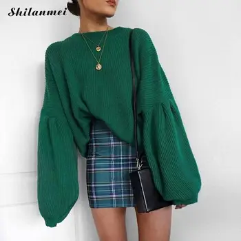 

2018 Autumn Knitted Pullover Oversized Sweater Sueter Mujer Women Black Green Puff Sleeve Loose Jumper Female Pull Femme Hiver