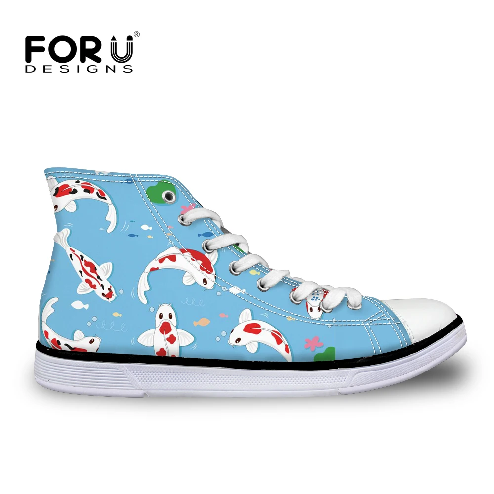 

FORUDESIGNS Blue Sea Animal Koi Fish Print Women Vulcanize Shoes Vintage High Top Lace-up Canvas Shoes for Ladies Casual Sneaker