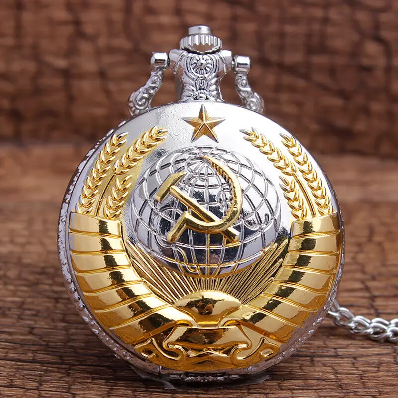 Российские советские серповидные молотковые цепочки для карманных часов, Золотые Бронзовые кварцевые карманные часы, ожерелье, часы-подвески для мужчин и женщин, подарки