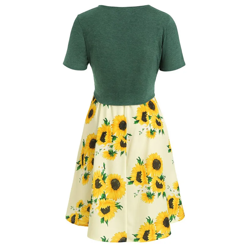 New Women Summer Sexy Short Sleeve Bow Knot Bandage Top Sunflower Print Mini Dress Suits Bohemian Casual Beach Dress #4A30 (16)