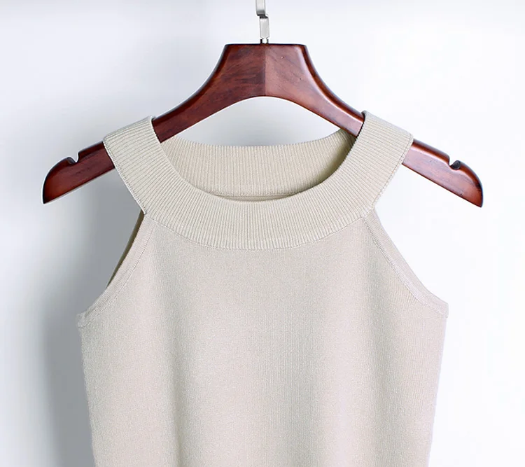 Summer Women Slim Knitting Halter Camisole Tops Female Bodycon Knitted Tanks Sleeveless Basic Solid T shirts 8017 black camisole
