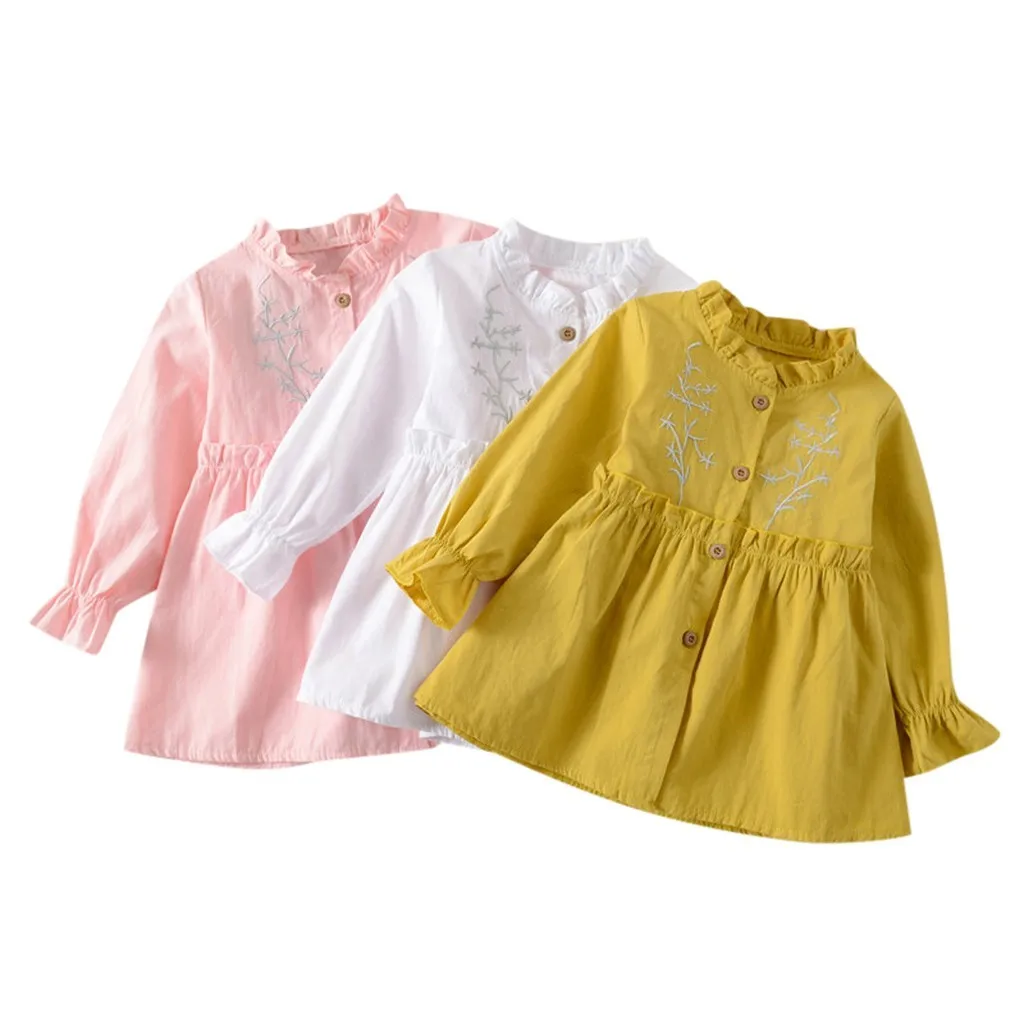 Trendy Toddler Baby Girls Floral Ruched Floral Dressed Casual Yellow Long Sleeve Girl Clothes Costumes Roupas Infantis