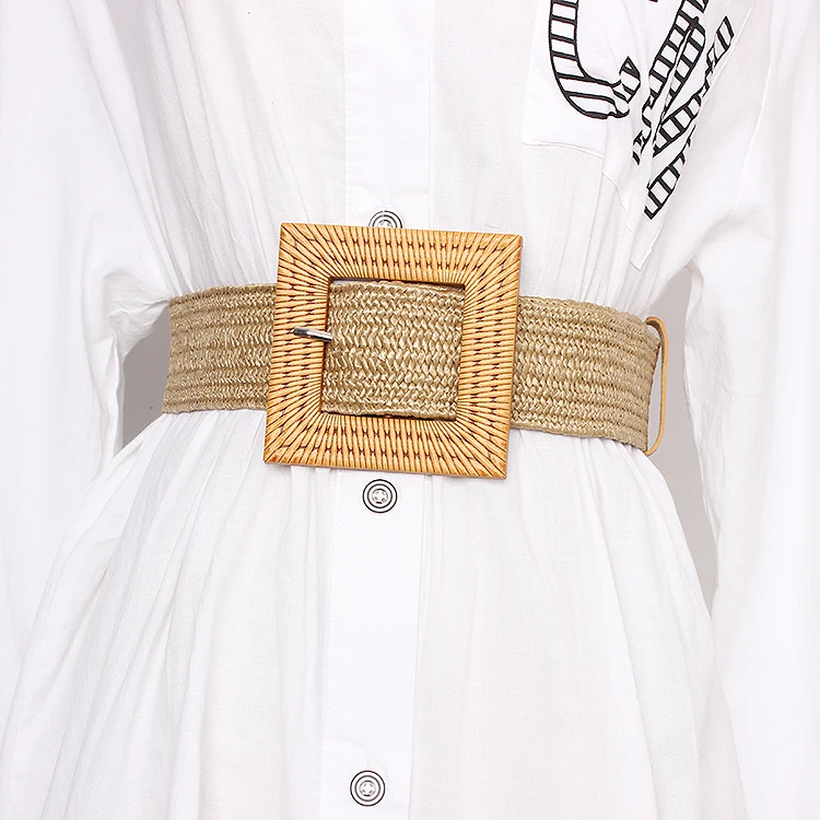 

2019 Summer Elastic Imitate Woven Straw Waist Belts Square Buckle Adjustable Woven-straw Waistband Bohemian Beach Dress Belts