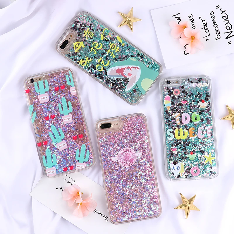 

Liquid Glitter Quicksand Silicone Soft Tpu Case for IPhone X 6 6s 7 8 Plus Cute Cover Cute dinosaur cactus back cover for 7plus