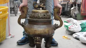 

Chinese Buddhism Copper Bronze Foo Dog Lion Censer incense burner Aromatherapy