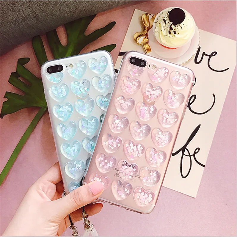 Glitter 3D Love Heart Phone Case For iPhone X XS Transparent Cases Soft TPU Clear Back Cover 6 6S 7 8 Plus |