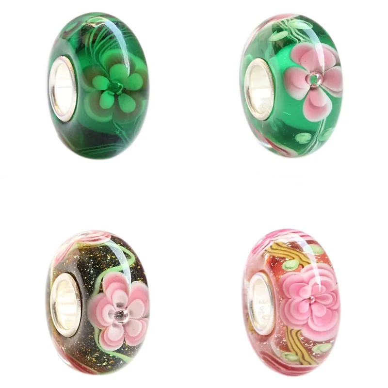 

925 Sterling Silver Large Hole Colorful 3D Flowers Beads Glass Charm Fit European Bracelet Jewelry