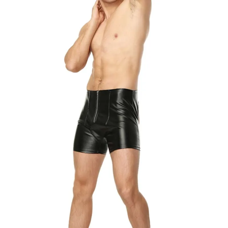 Европейские и американские сексуальные мужские шорты, черные шорты из искусственной лакированной кожи с открытым шаговым швом, обтягивающие мужские шорты для выступлений