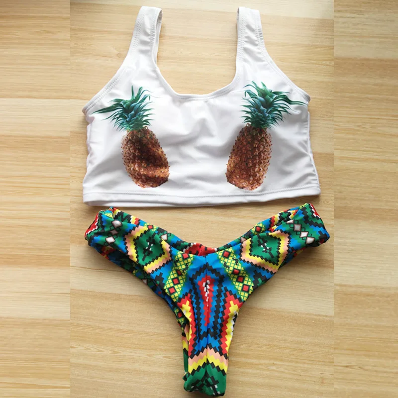 

Thong Micro Sexy Pineapple Crop Top Ladies Swimwear Women Push up Swimsuit High Neck Brazilian Bikini Set Beachwear Bathing Suit