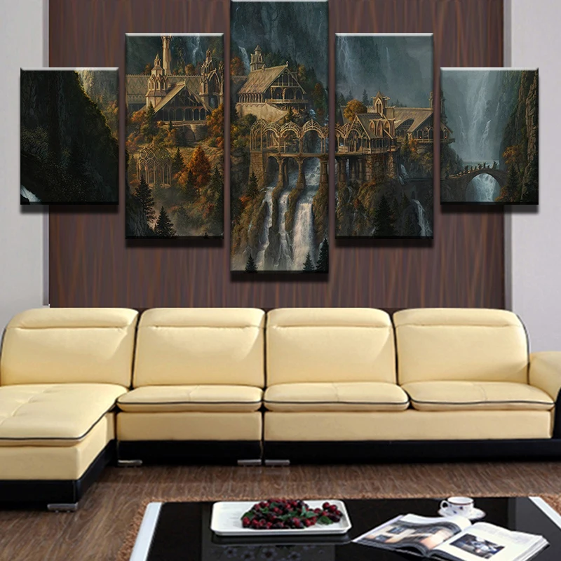 Hd Print 5 Piece Canvas Paintingmysterious Mountain Castle Waterfall Wall Pictures For Living Room Poster Free Shipping Ha 072b Picture For Living Room Wall Pictures5 Piece Canvas Aliexpress