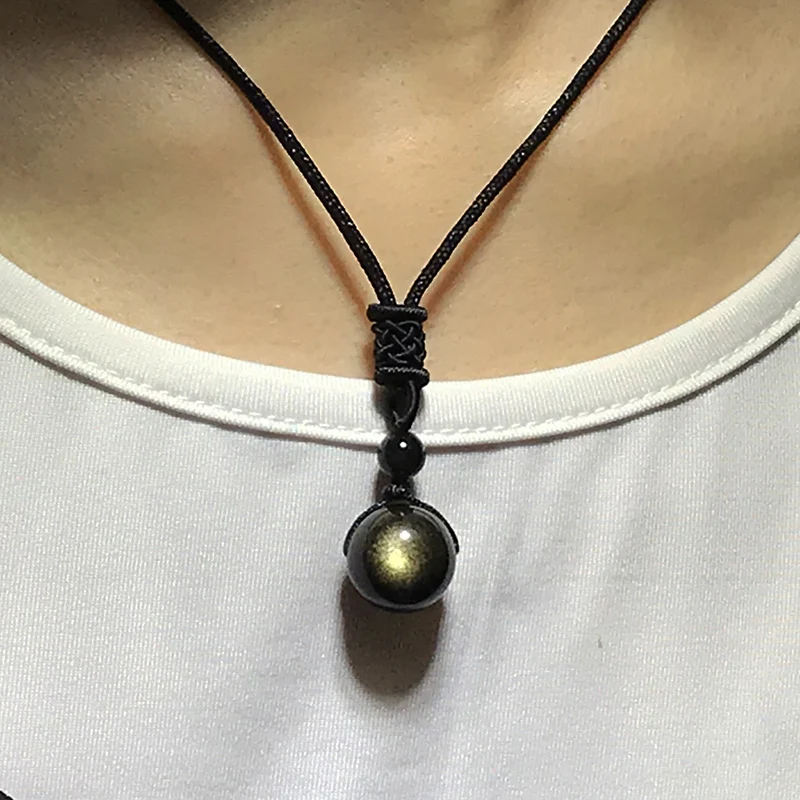 

Natural Obsidian Beads Pendant Necklace Gold Cat Eye Transfer Good Luck Bead necklace men Polyester Chain Jewelry Women