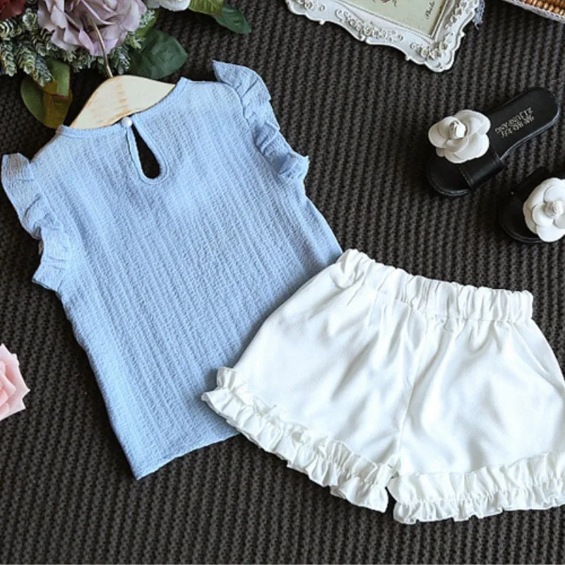 Комплект из 2 частей Детская летняя одежда для девочек шифон Fly рукава рубашки+ Белые шорты набор костюм, для детей 2, 3, 4, 5, 6 лет Одежда для девочек - Цвет: blue