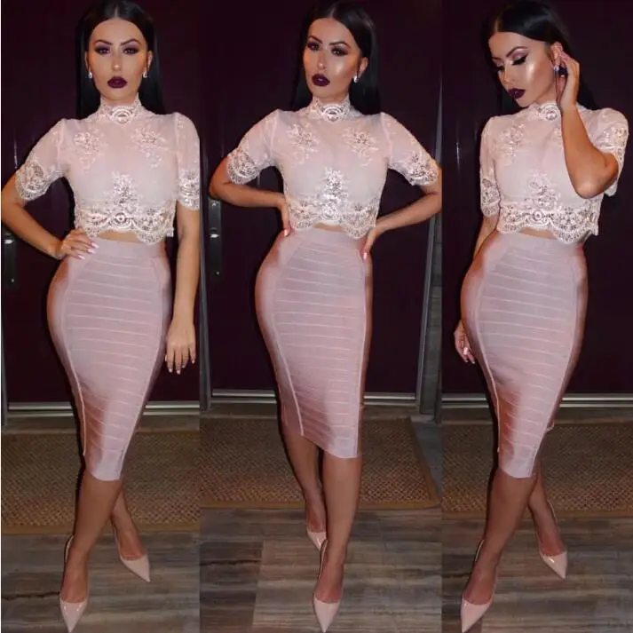 

Women Sexy Spring White Lace Top Pink Knee Length 2 Pieces Set Rayon Bandage Dress Bodycon Party Dress