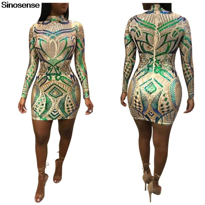 

Women Sequin Dress Geometric Tattoo Bandage Bodycon Club Party Dresses 2019 Long Sleeve Stand Sexy See Through Mesh Mini Dress