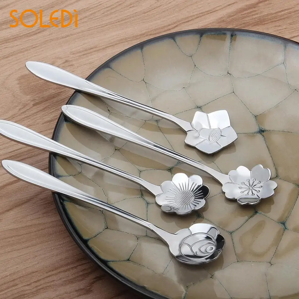 

New 2Pcs Stainless Steel Sakura Rose Calliopsis Random Coffee Soup Tea Sugar Drinkware Dinnerware Sets