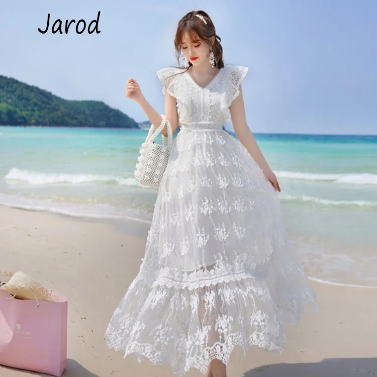 

2019 Summer Dress Maxi White Lace Hollow Out Vintage V-neck Beach Long Women Dress Tunic Slim Fairy Female Vestido Sexy