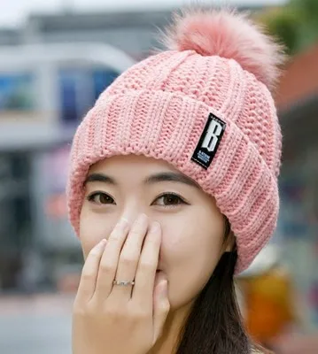 Теплая зимняя вязаная шапка skullies beanies, женская брендовая Высококачественная зимняя женская Лыжная шерстяная меховая шапка с помпонами, вязаный шарф - Цвет: Pink Hat