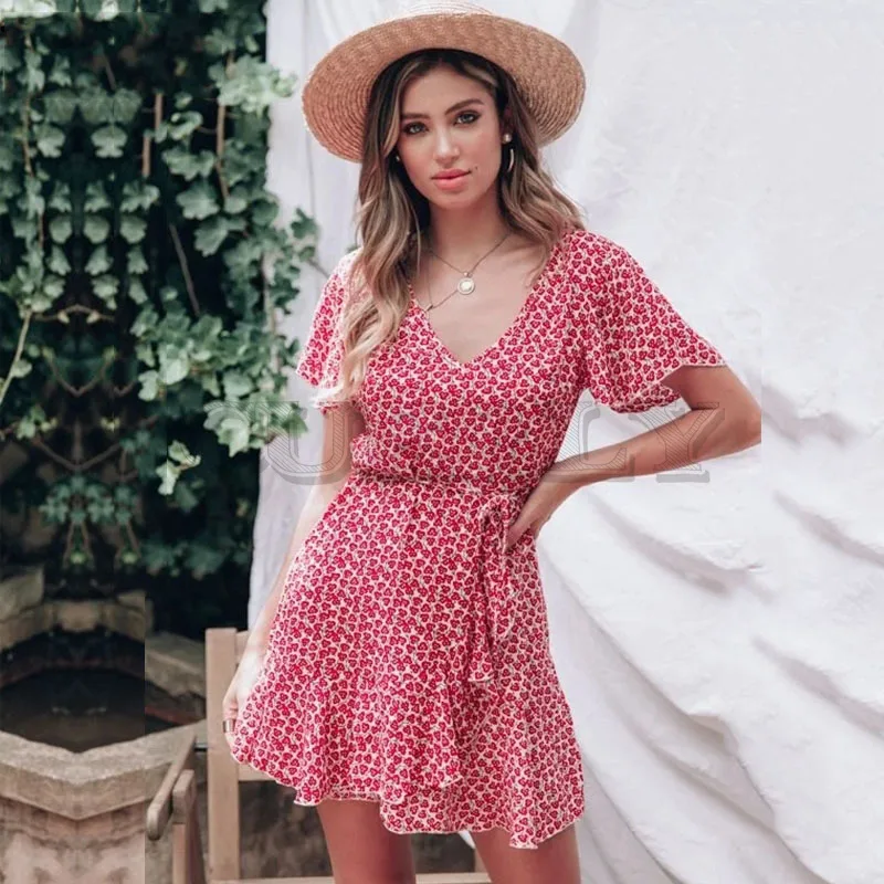 

Cuerly Elegant party ruffle bow print short dress women Summer beach sashes casual dress female Mini daily dress vestidos L5