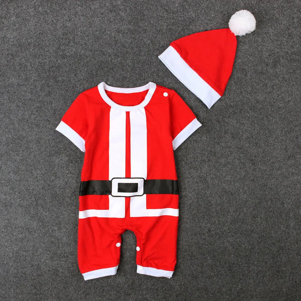 Santa Claus Christmas Costume Newborn Baby Girl Boy Clothes Xmas Belt Print Romper Jumpsuit Hat Outfits 2 Piece Set For Children