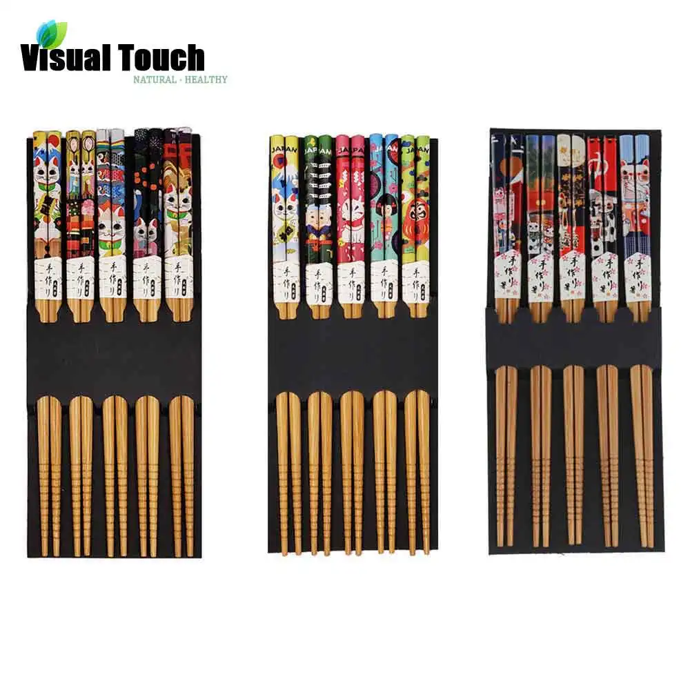 

Visual Touch 5 Pairs Lucky Cat Bamboo Ecological Chopsticks Handmade Wood Wooden Sushi Chopsticks Japanese Style
