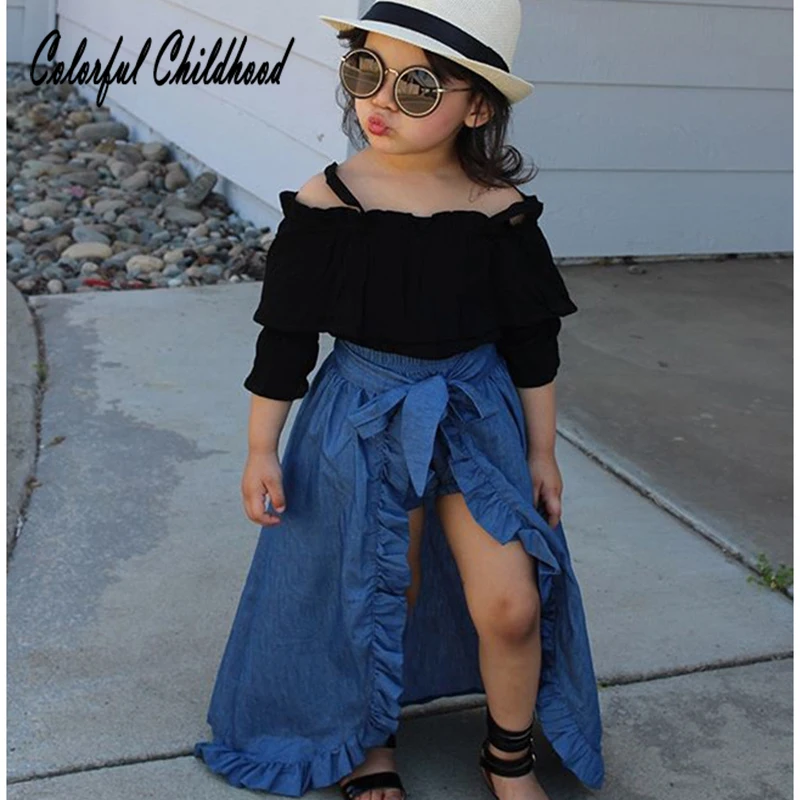 

1-5t Summer New Style Kid Clothes Set With Suspenders Top + Fashionable Lace Denim Skirt +PP Shorts For Girls Cute Baby Clothing