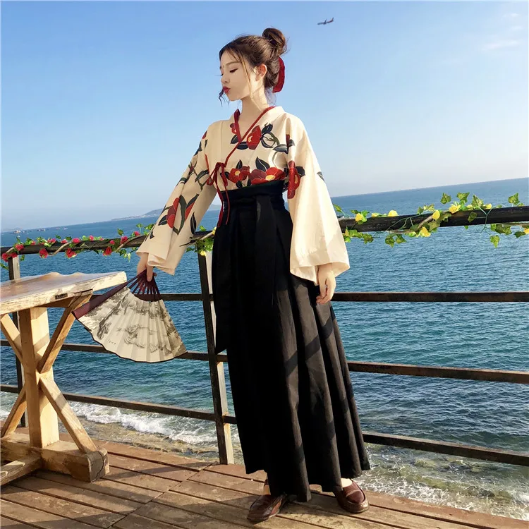 Hanfu/женская летняя юбка в китайском стиле, винтажная блузка с длинным рукавом и принтом и длинная юбка на шнуровке, комплект из двух предметов
