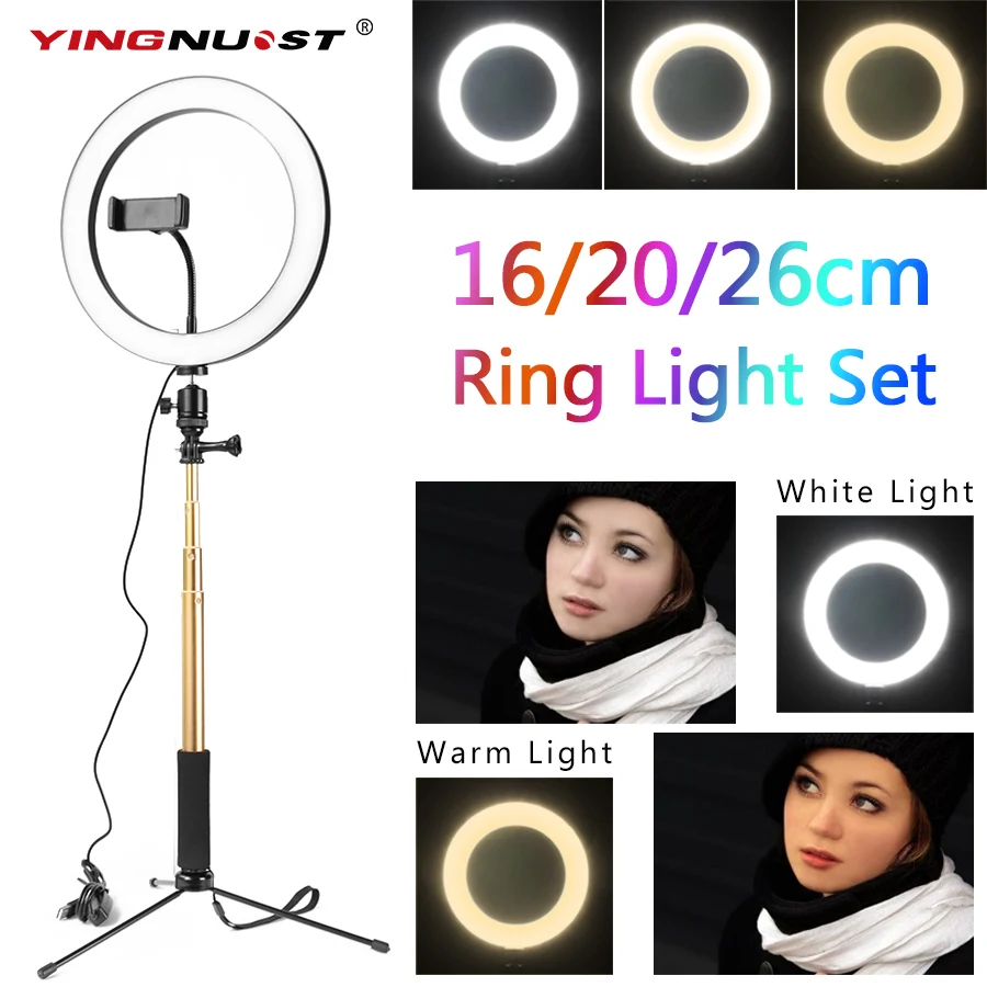 

3 Colors 10" 26cm Dimmable 3000-6500K LED Ring Light Kit with Self-sticker Big Phone Clip Table Stand for Makeup Beauty Room