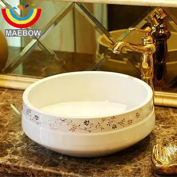 

White Porcelain Golden Flower Liner Countertop Lavabo Bathroom Sink Wash Basin
